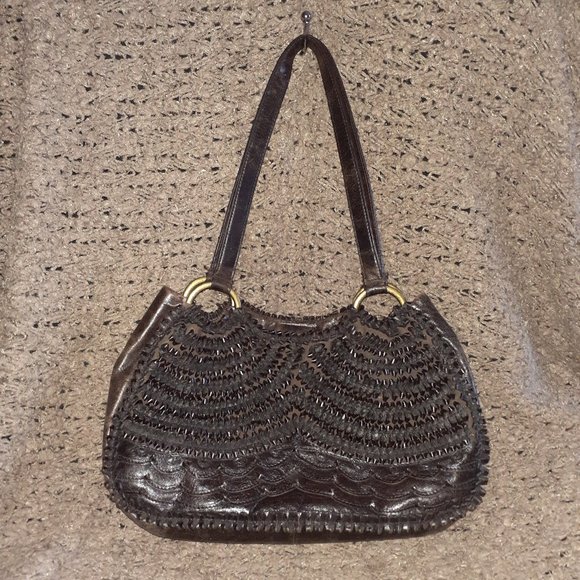 GIANFRANCO FERRE-Brown Gathered Looped Distressed Leather - Picture 1 of 10